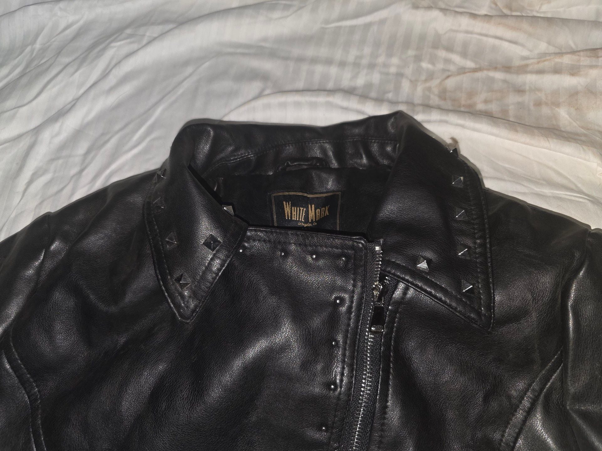 White Mark Faux Leather Jacket Size L Black Studded Biker 6