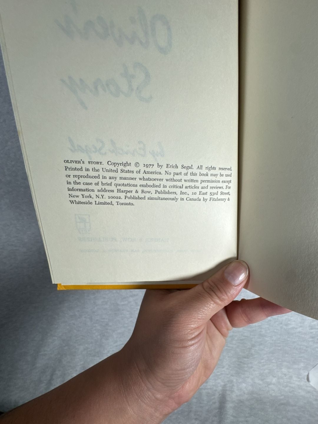 Harper & Row Oliver's Story By Erich Segal Hardcover Book Yellow 8