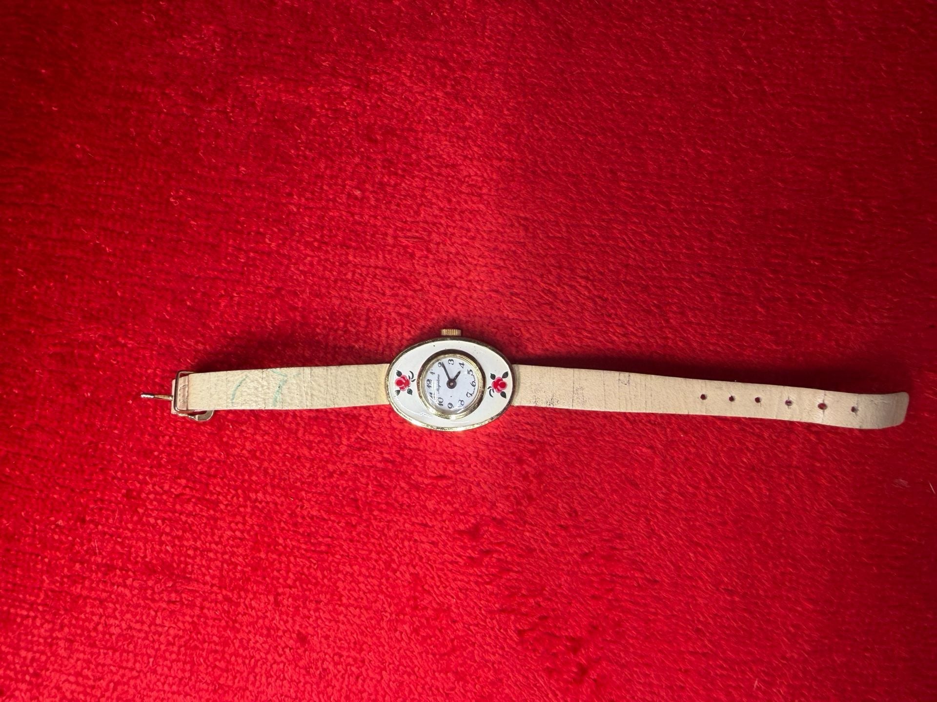 Majestime Floral Oval Pendant Watch Off-White Leather Strap 2