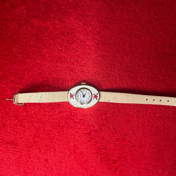 Majestime Floral Oval Pendant Watch Off-White Leather Strap