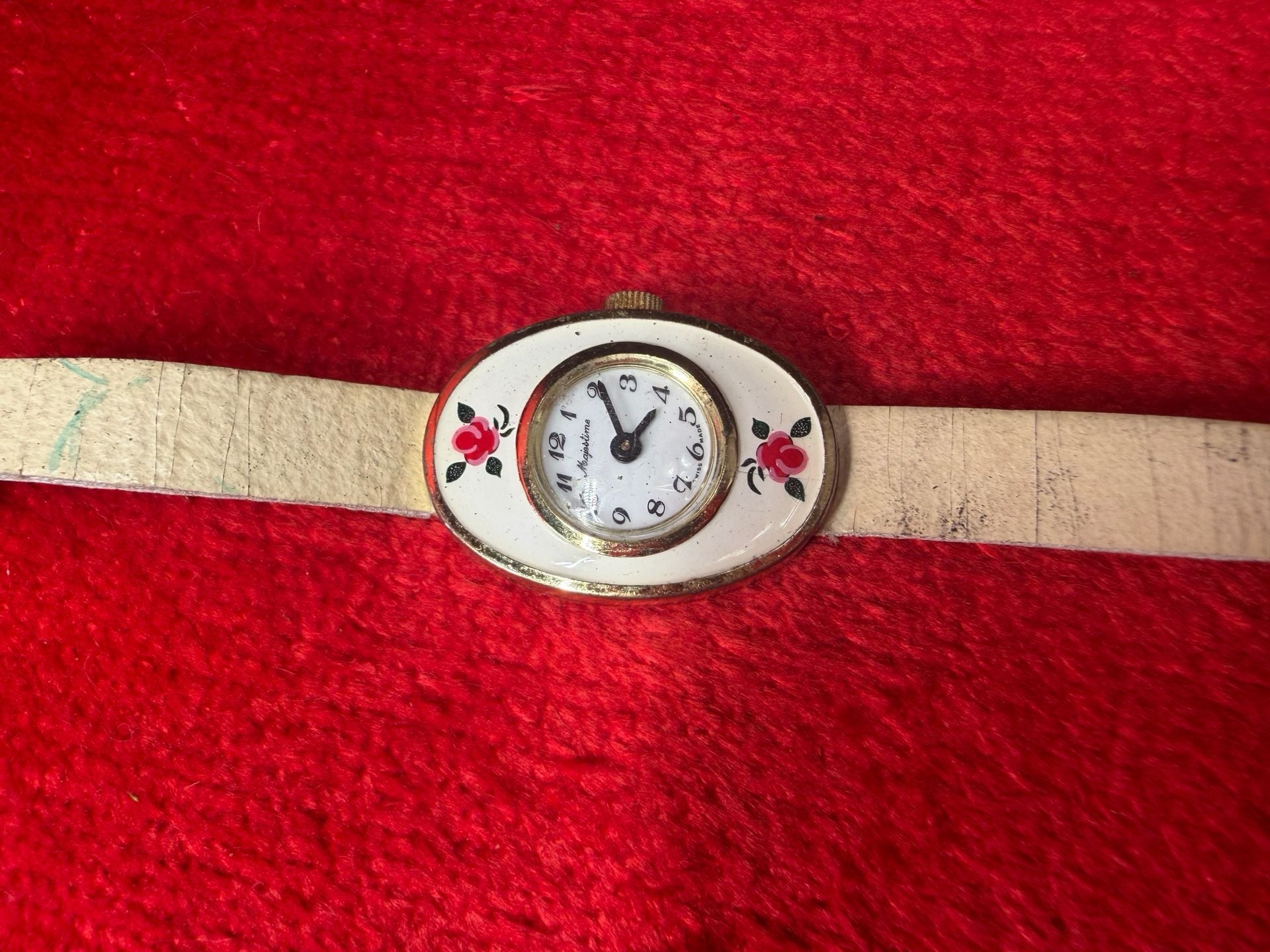 Majestime Floral Oval Pendant Watch Off-White Leather Strap 3