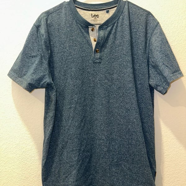 Lee Men's 3 Button Henley Tee Shirt Blue Heather Short Sleeve Size Small