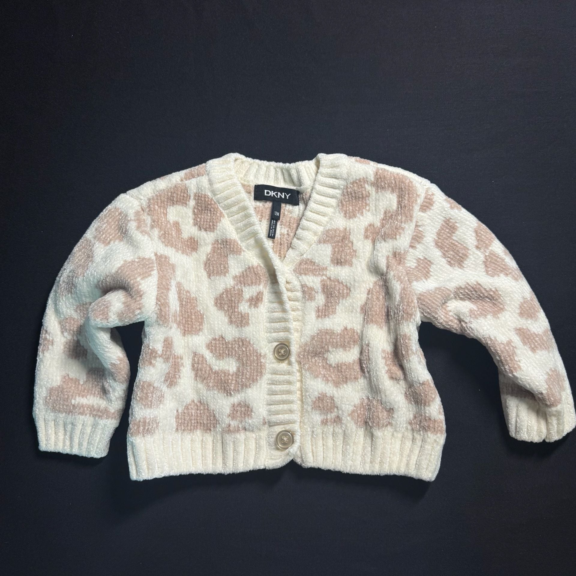 DKNY Leopard Print Cardigan Size 12M Beige White Baby Sweater 2