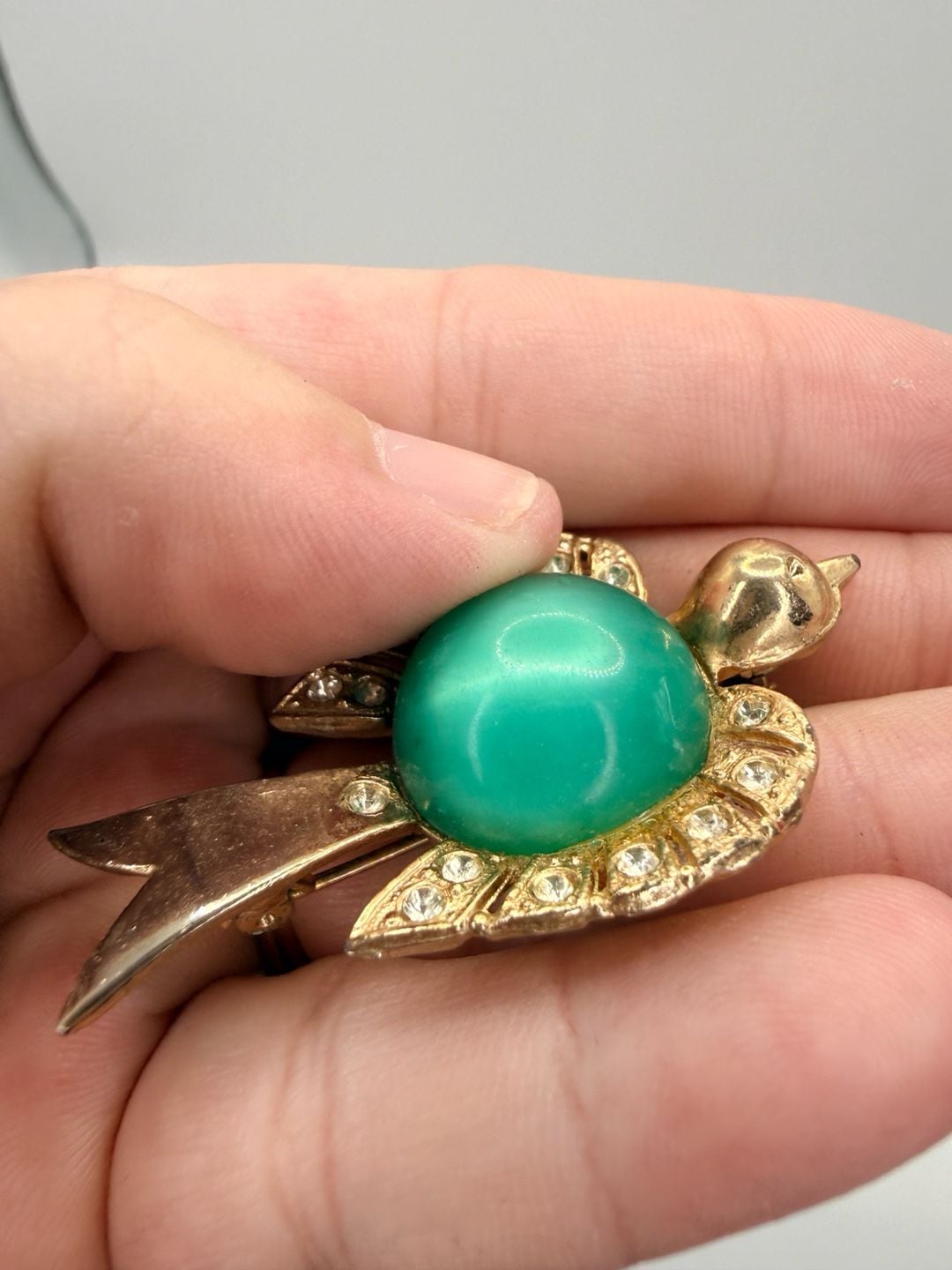Vintage Gold Tone Green Jelly Belly Bird Brooch Pin 5