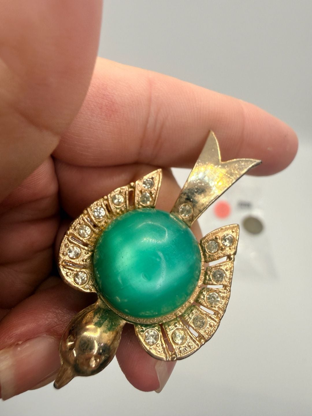 Vintage Gold Tone Green Jelly Belly Bird Brooch Pin 6