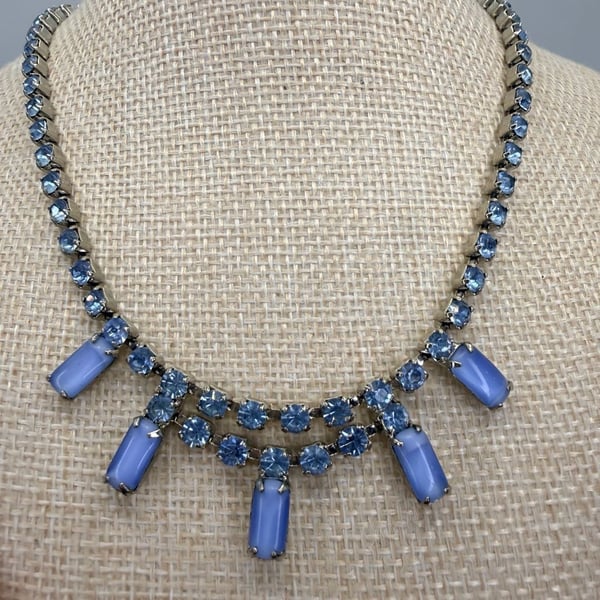 Vintage Blue Satin Glass Rhinestone Necklace Earrings