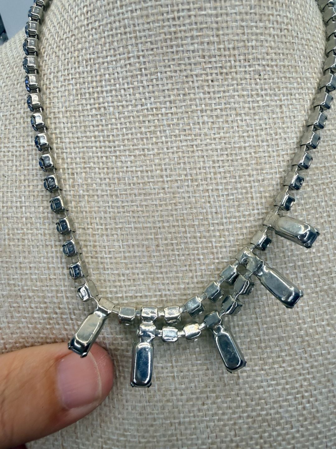 Vintage Blue Satin Glass Rhinestone Necklace Earrings 7