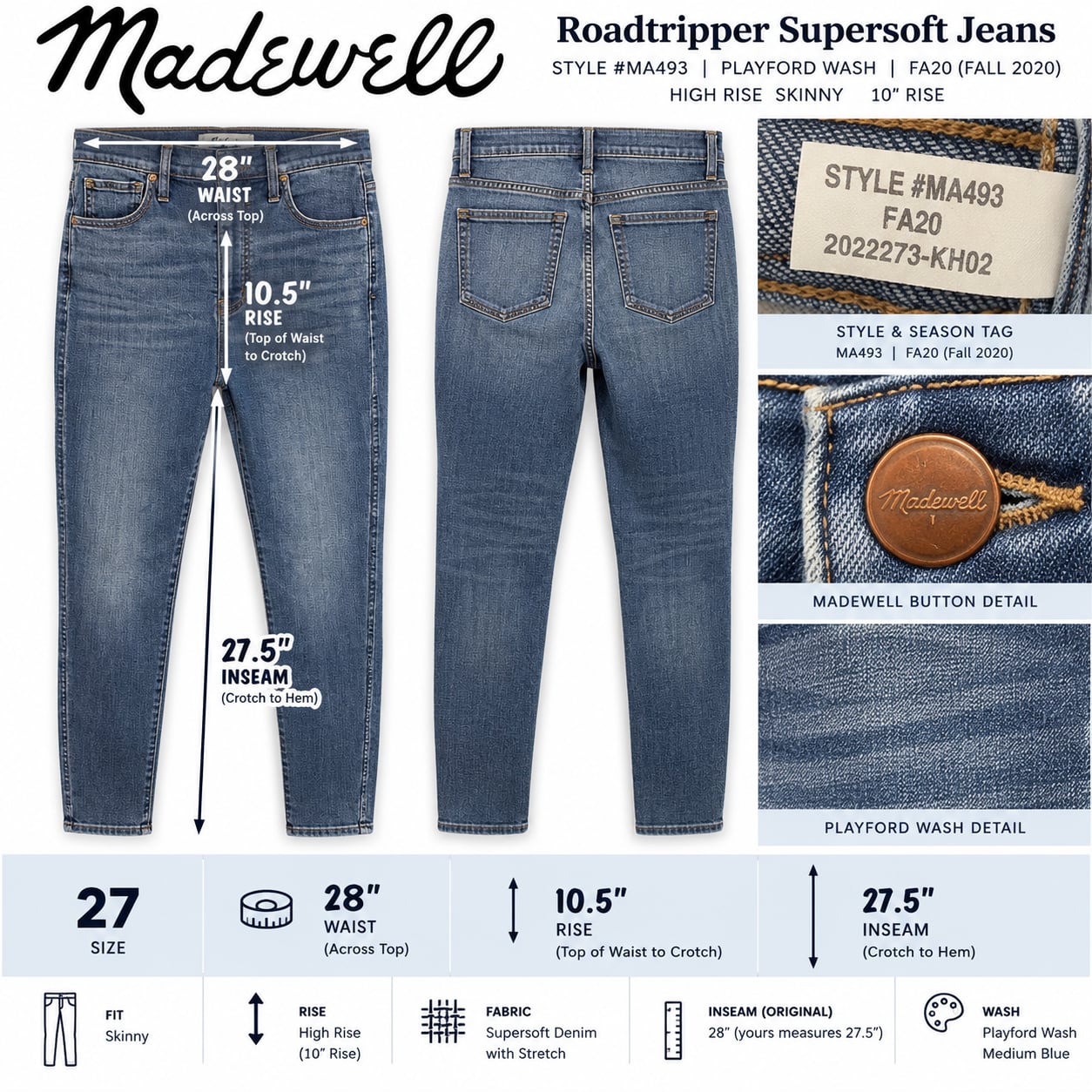 Madewell Roadtripper Supersoft Jeans 27 High Rise Skinny Playford Wash MA493
 8