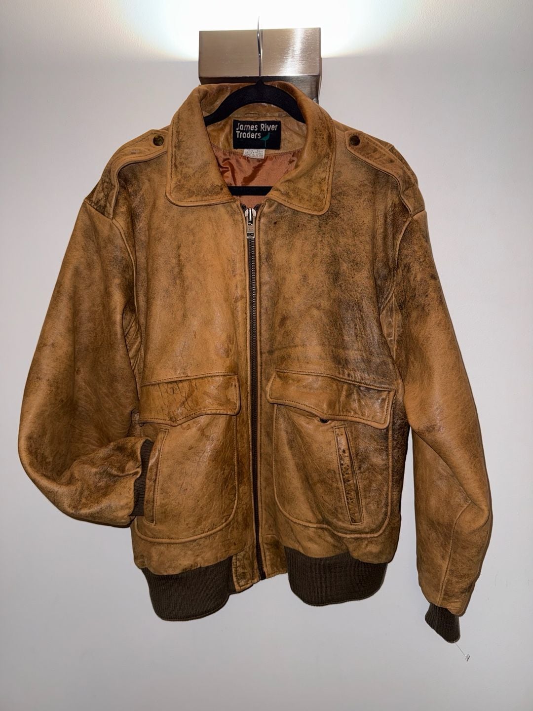 James River Traders Leather Bomber Jacket Size L Brown Flight N8470 2