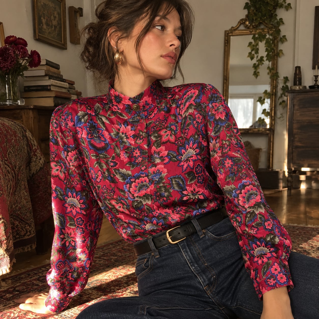 Vintage David Brooks Floral Blouse Made in USA High Neck Romantic Size 4 2