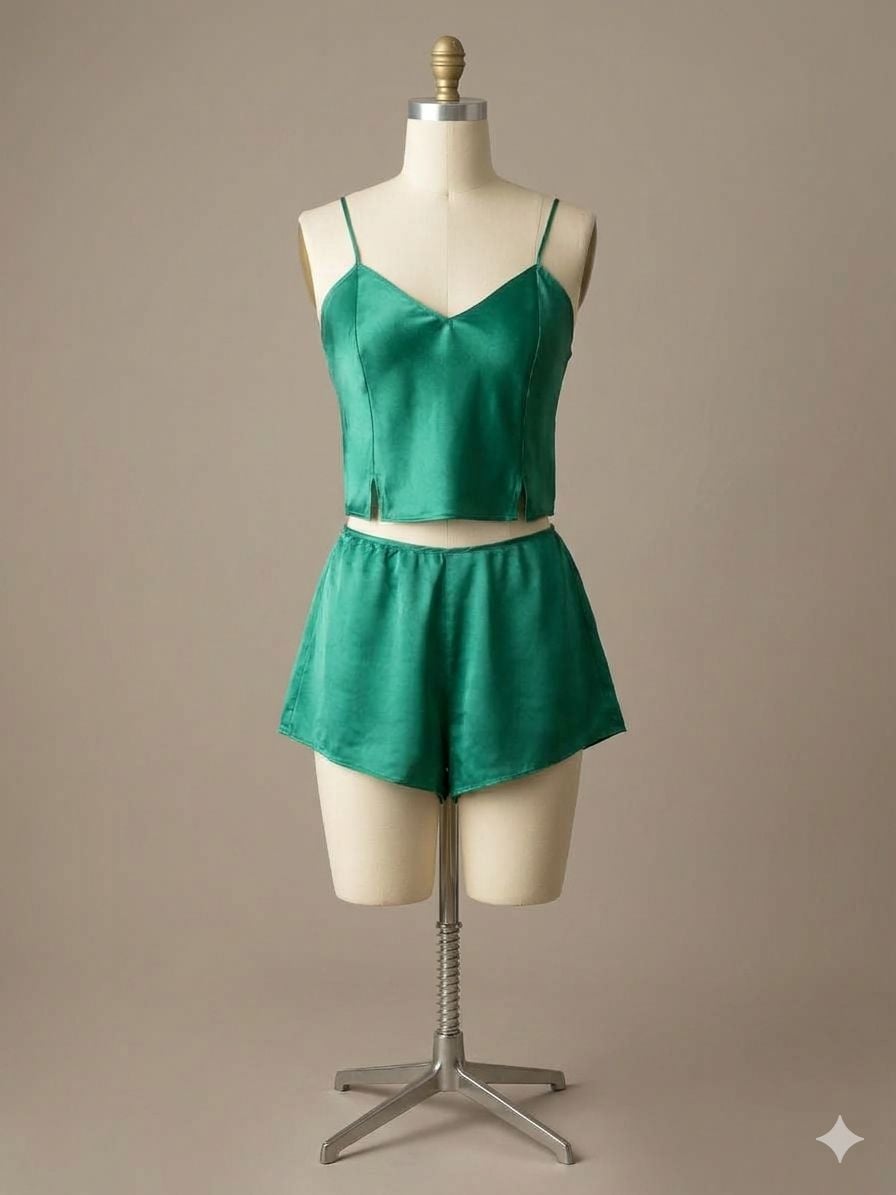 Y2K VTG Victoria's Secret 100% Silk green Cami And Shorts Set Size S 1