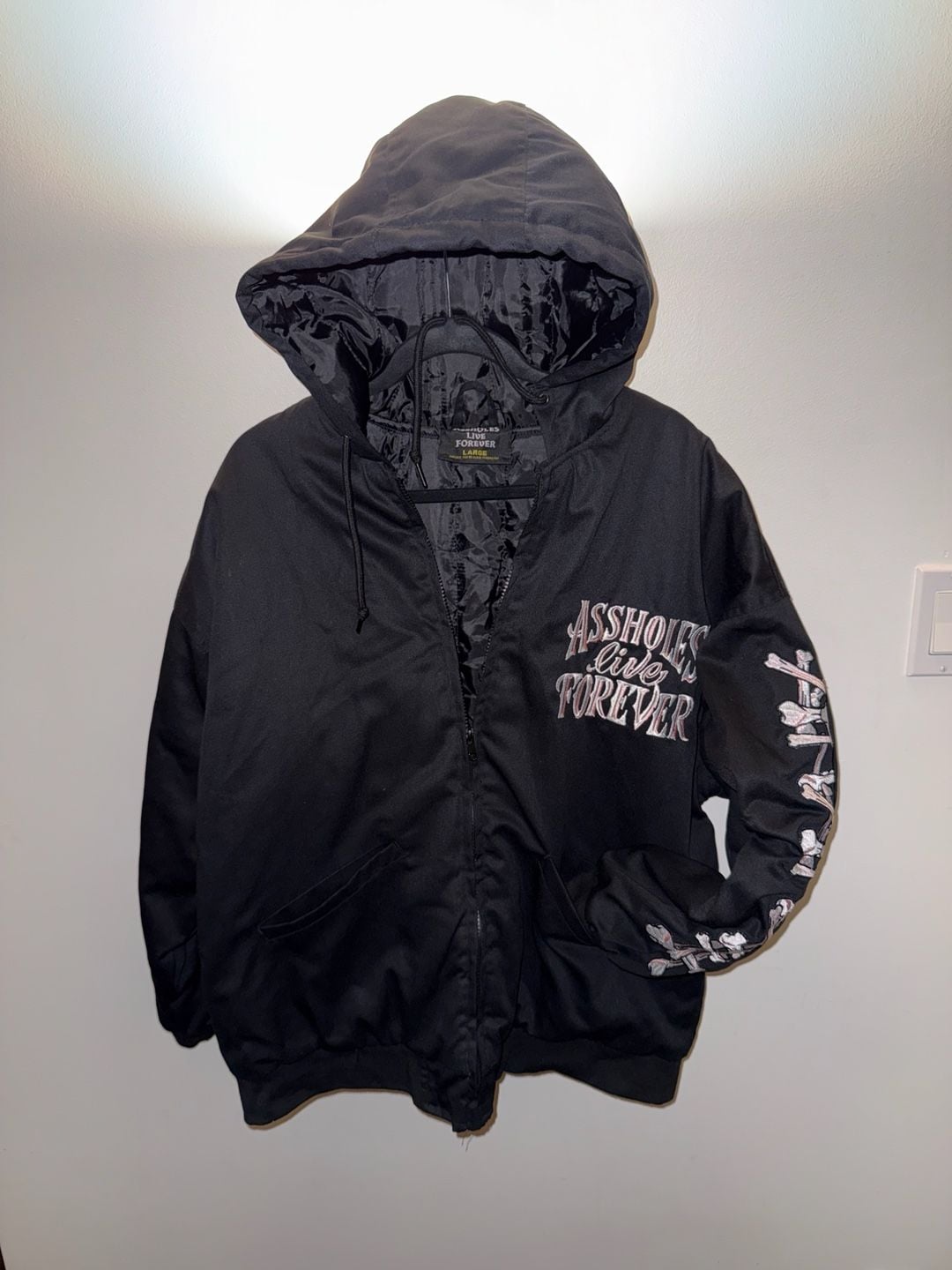 Assholes Live Forever Bomber Jacket Size Large Black Skull Bones 2