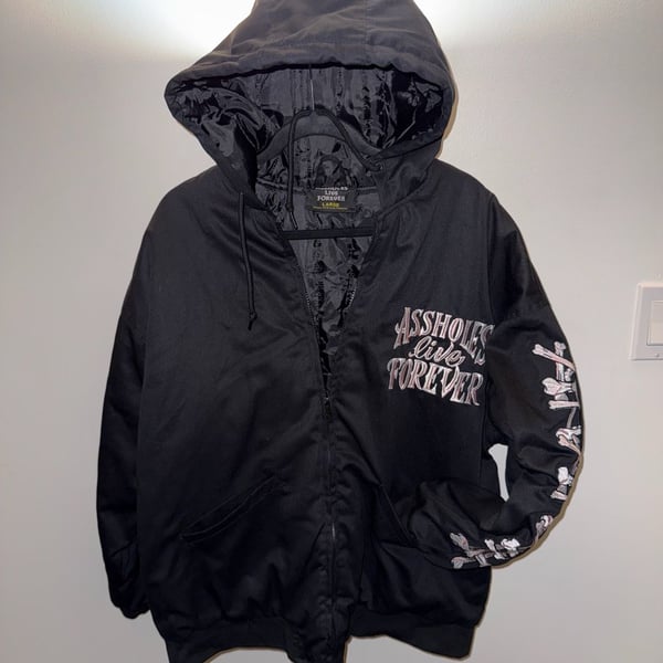 Assholes Live Forever Bomber Jacket Size Large Black Skull Bones