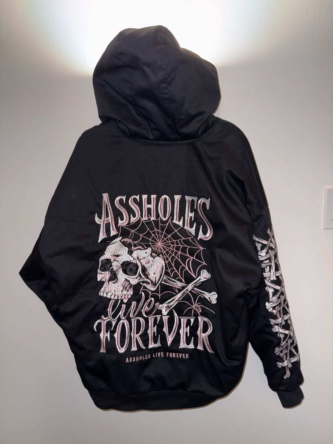 Assholes Live Forever Bomber Jacket Size Large Black Skull Bones 3