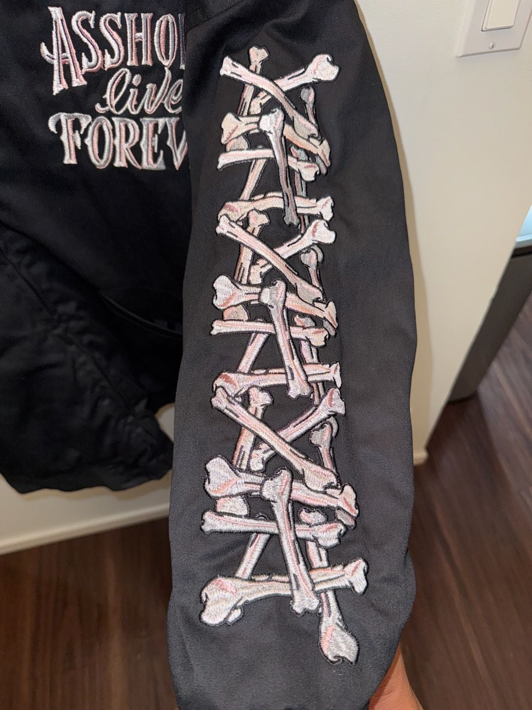 Assholes Live Forever Bomber Jacket Size Large Black Skull Bones 4