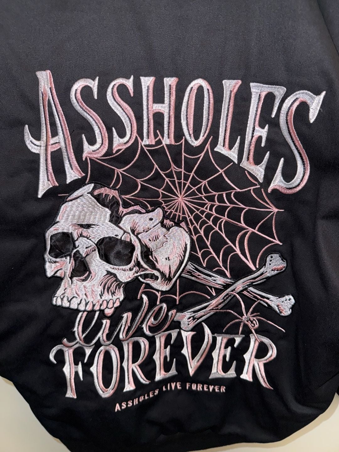 Assholes Live Forever Bomber Jacket Size Large Black Skull Bones 6