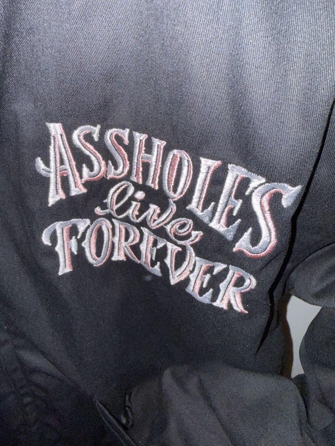 Assholes Live Forever Bomber Jacket Size Large Black Skull Bones 7