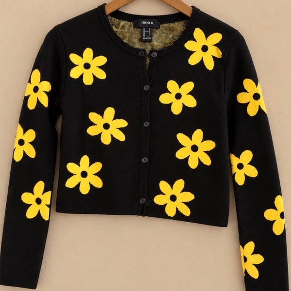 Forever 21 Floral Crop Cardigan Size M Black Yellow Daisy