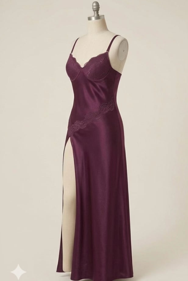 Nk Imode Silk Slip Dress Size 1X D Purple Long Lace Slit Nightgown 2