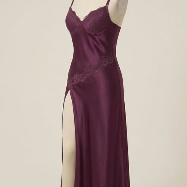 Nk Imode Silk Slip Dress Size 1X D Purple Long Lace Slit Nightgown