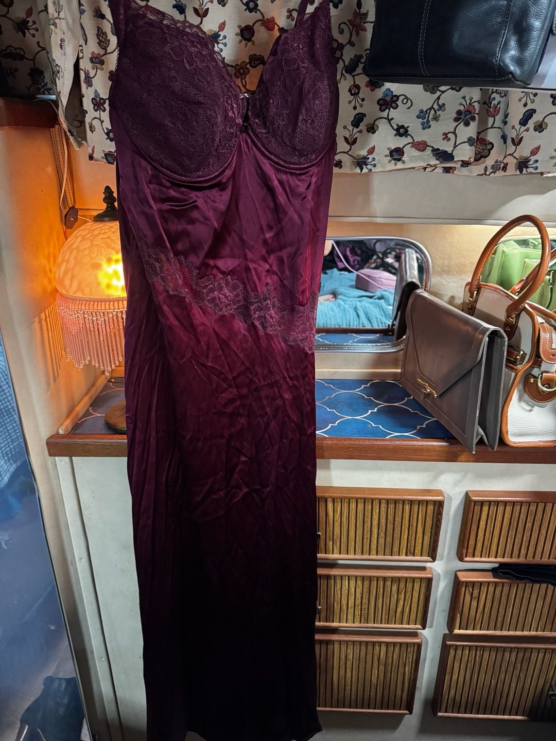 Nk Imode Silk Slip Dress Size 1X D Purple Long Lace Slit Nightgown 3