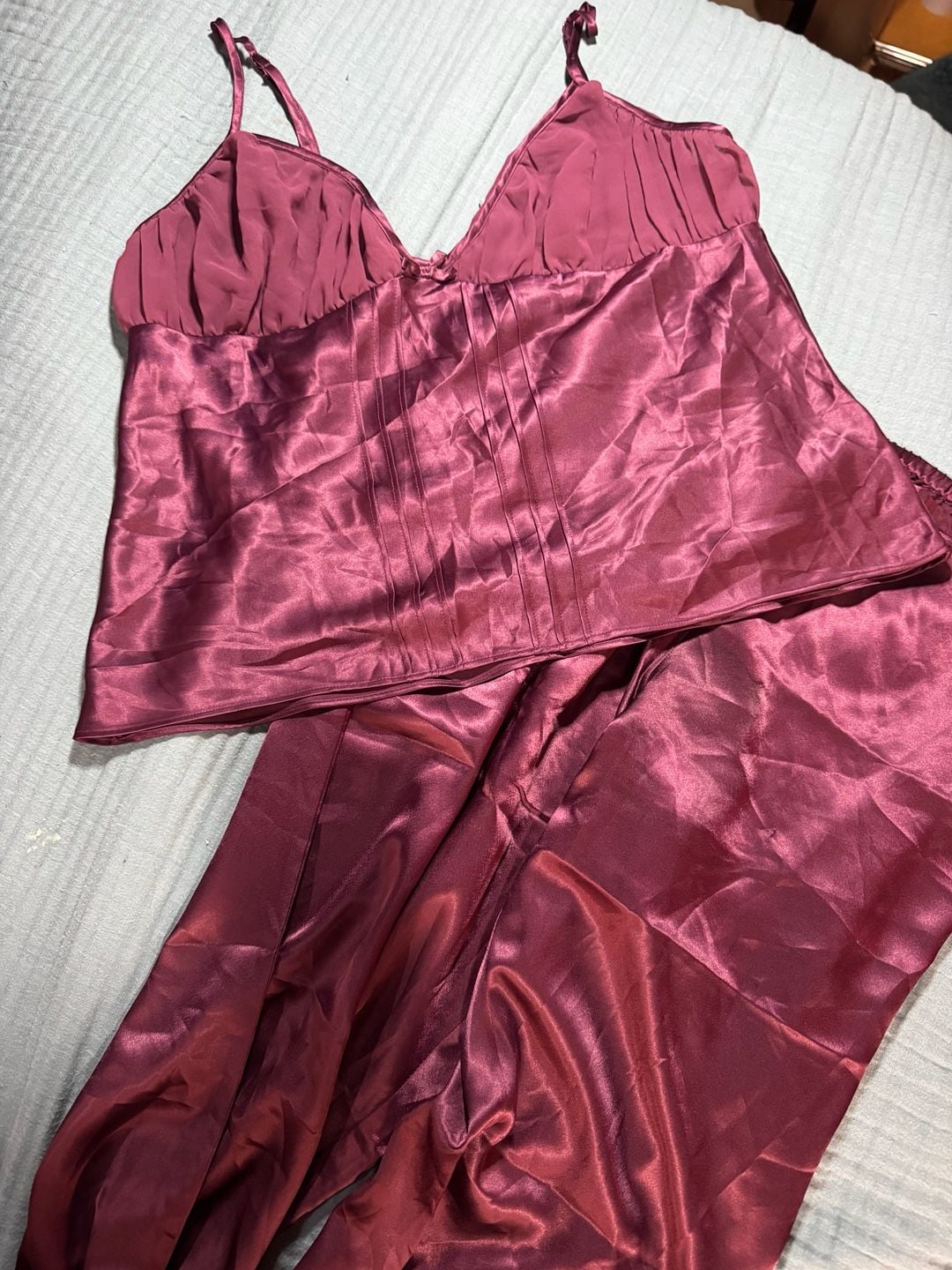 Fredericks Of Hollywood Cami Pajama Set Size L Burgundy Satin Lounge 1