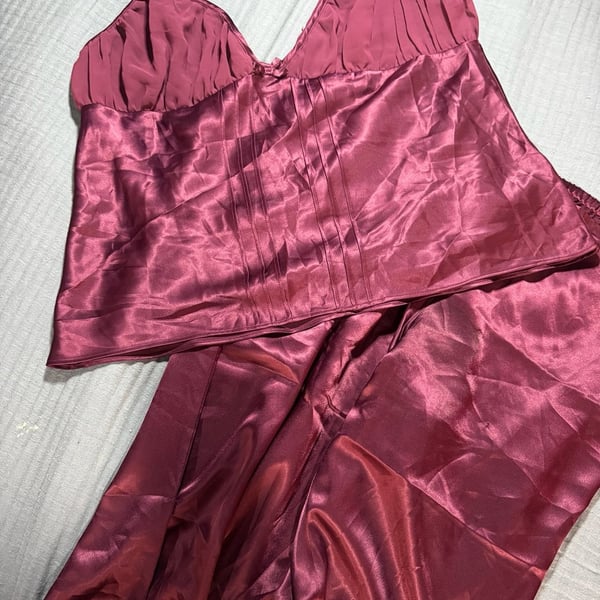 Fredericks Of Hollywood Cami Pajama Set Size L Burgundy Satin Lounge