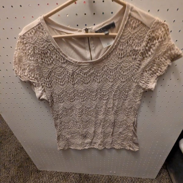 89th & Madison Lace Short Sleeve Top Size L Beige