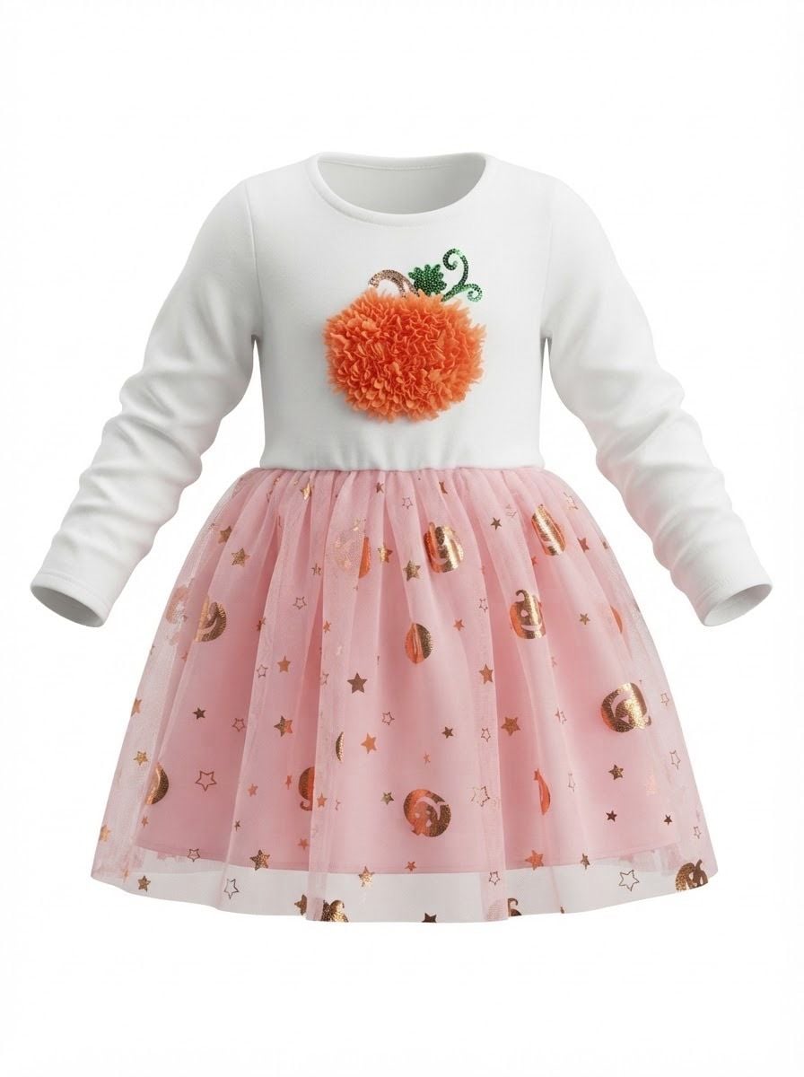 Zunies Long Sleeve Pumpkin Tutu Dress White Pink Sequin 2