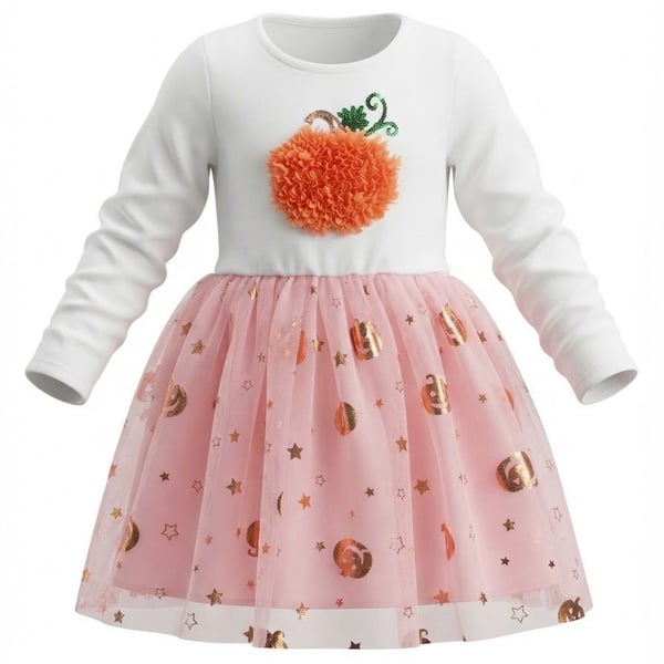 Zunies Long Sleeve Pumpkin Tutu Dress White Pink Sequin