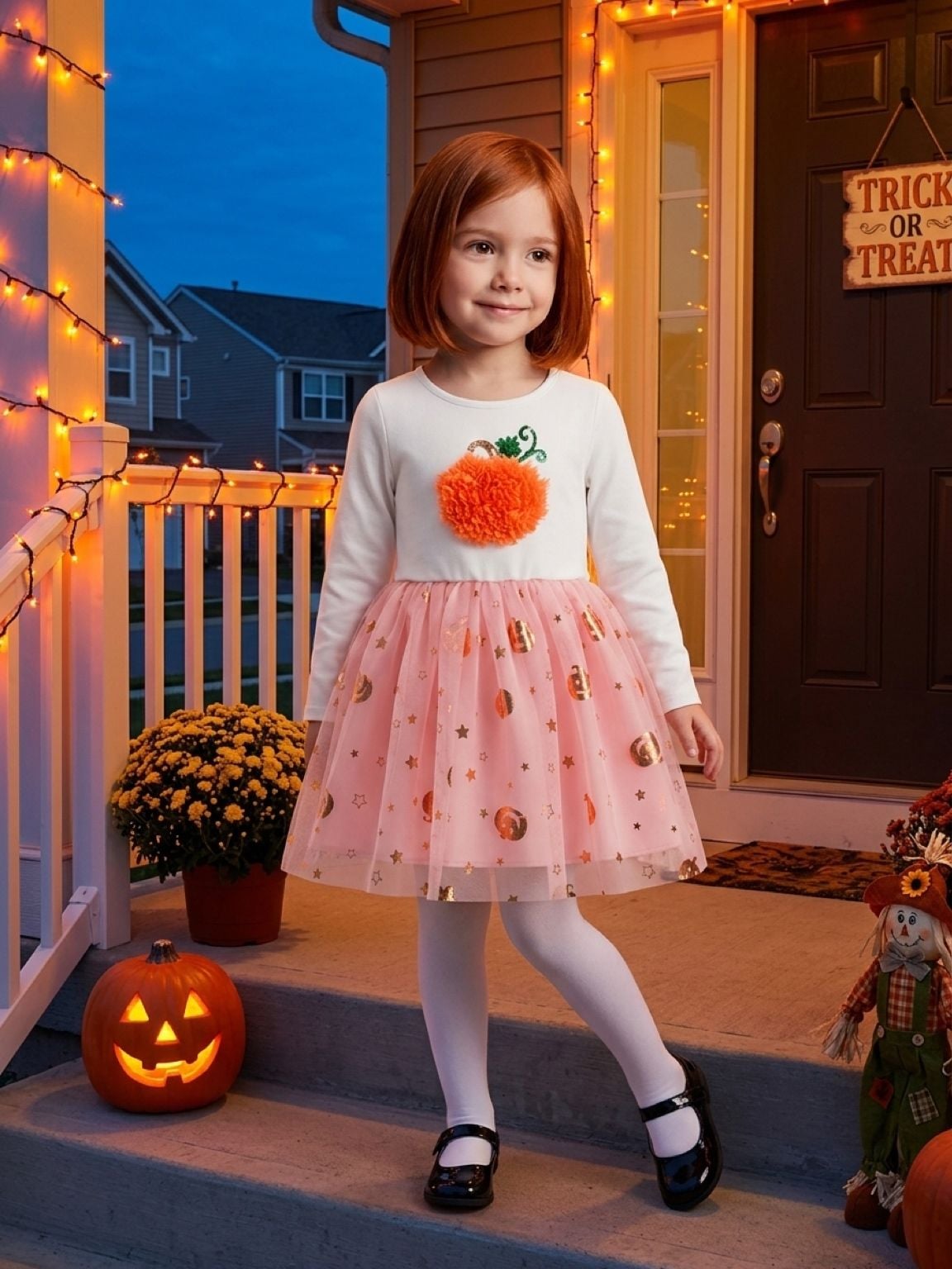Zunies Long Sleeve Pumpkin Tutu Dress White Pink Sequin 4