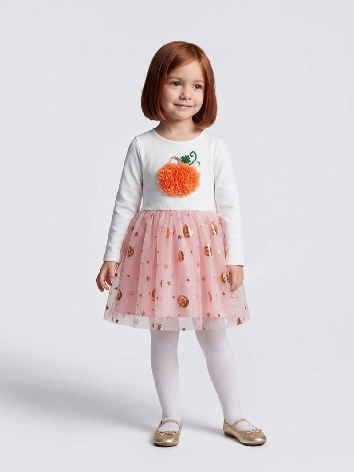 Zunies Long Sleeve Pumpkin Tutu Dress White Pink Sequin 5