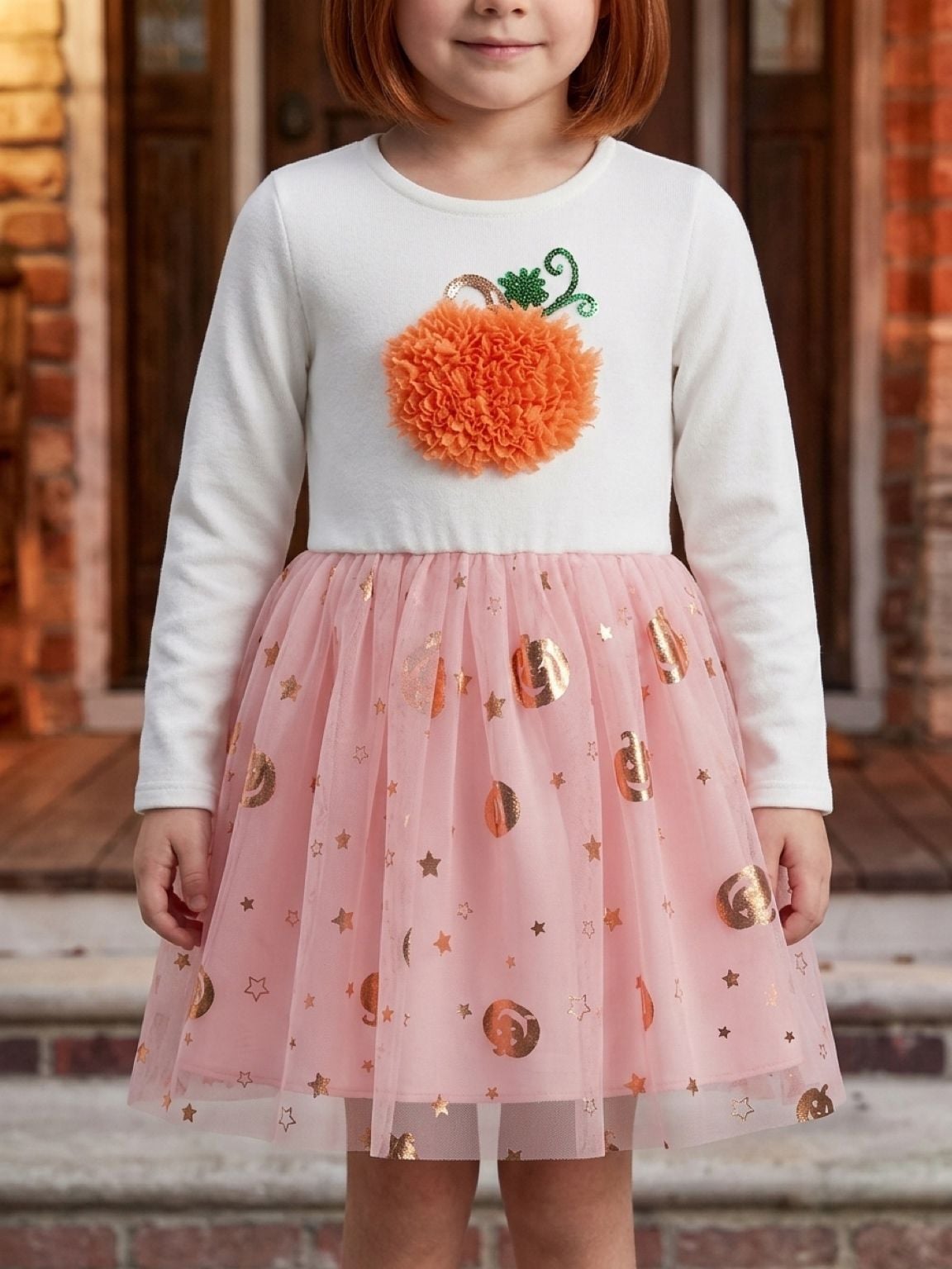 Zunies Long Sleeve Pumpkin Tutu Dress White Pink Sequin 6