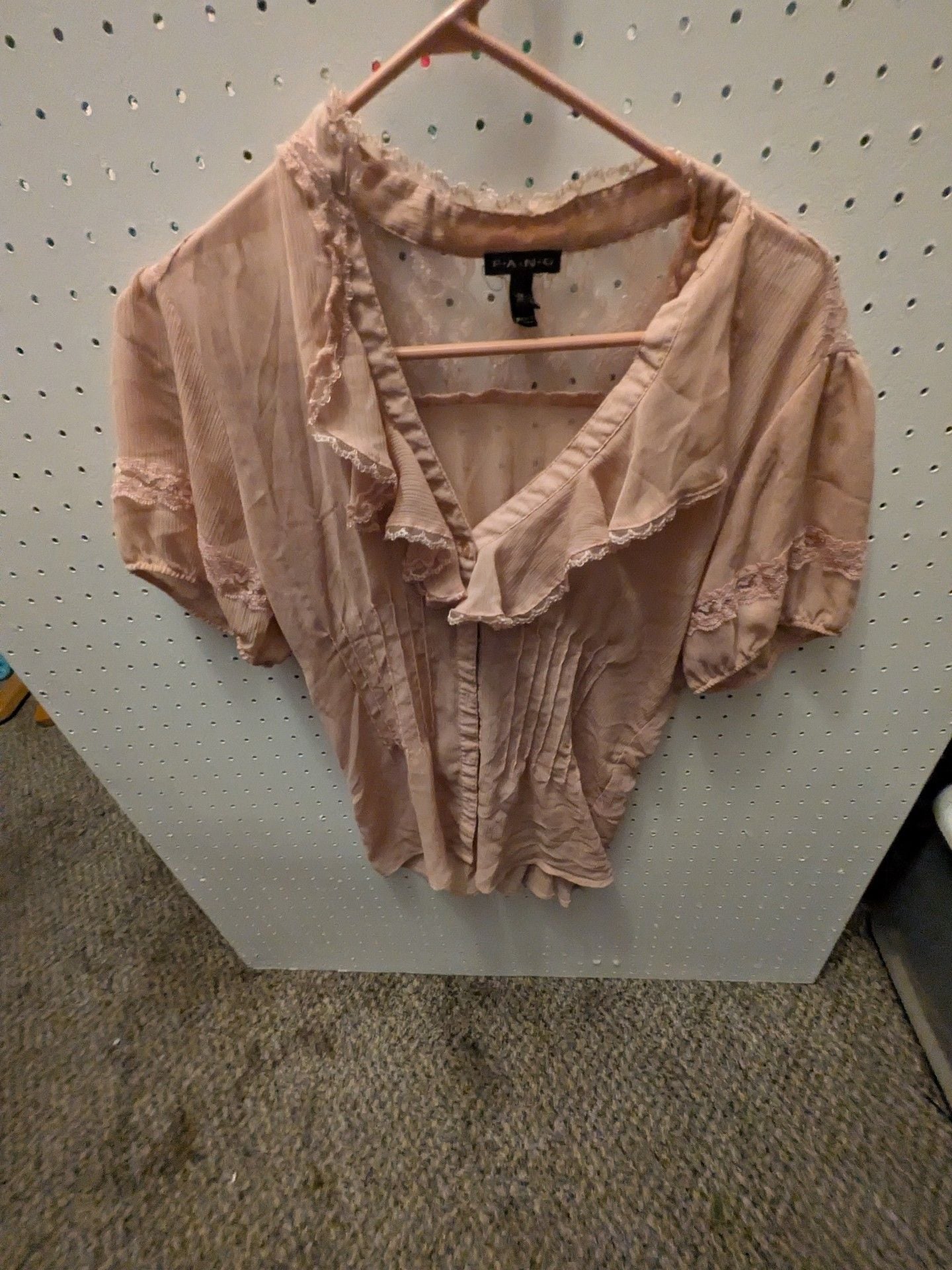 F.A.N.G Blouse Size L Pink Lace Ruffle Short Sleeve Button Front 1