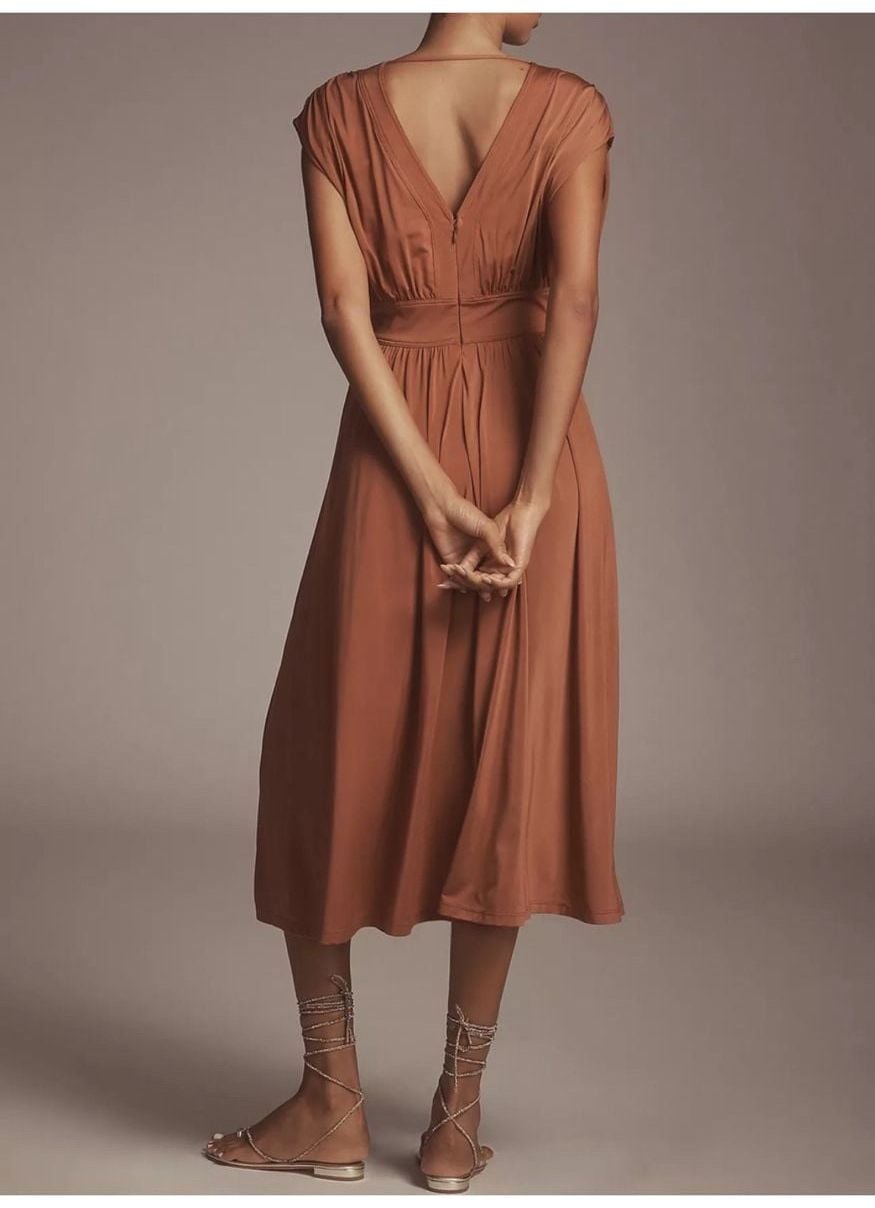 Anthropologie BHLDN V-Neck Midi Dress Rust Orange Jersey Fall Wedding 19