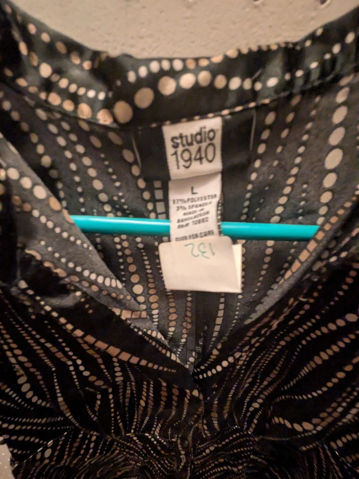 Studio 1940 Blouse Size L Black Gold Polka Dot V-Neck 3