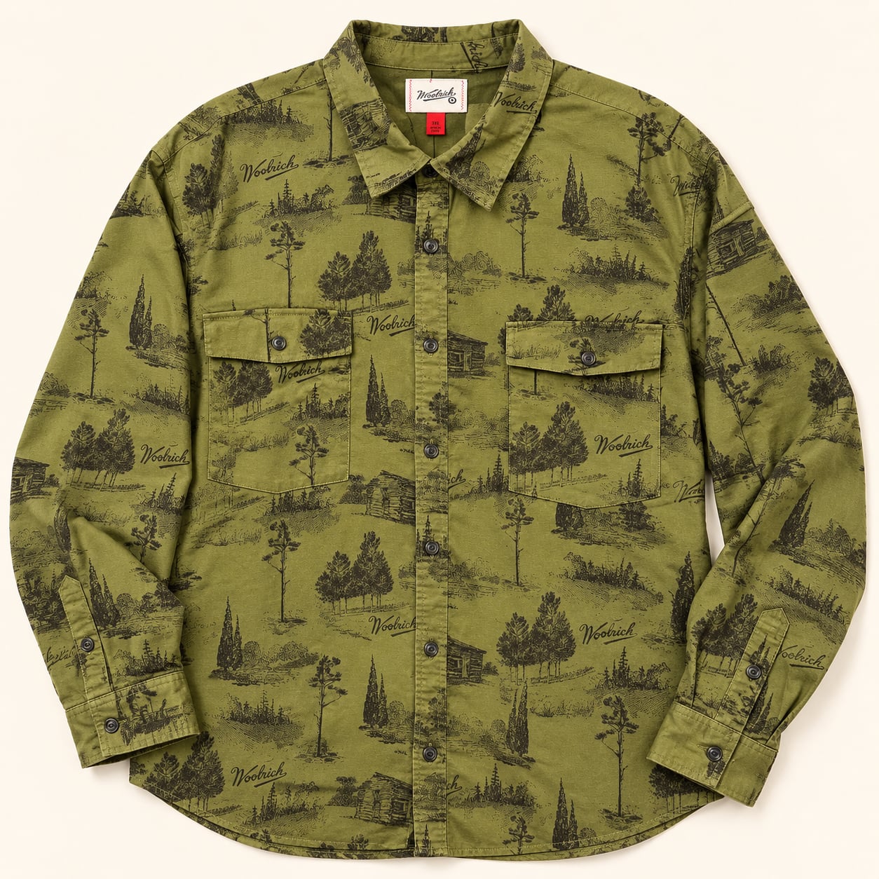 Woolrich 3XL Olive Scenic Cabin Print Button Up Shirt Gorpcore Outdoors 2