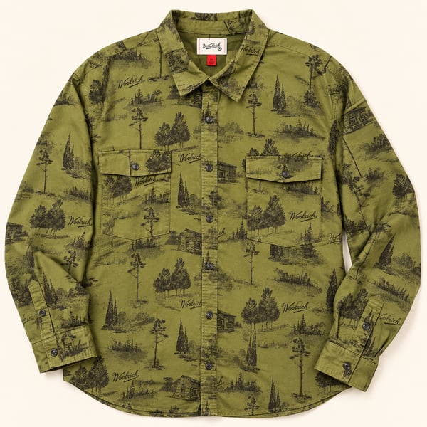 Woolrich 3XL Olive Scenic Cabin Print Button Up Shirt Gorpcore Outdoors