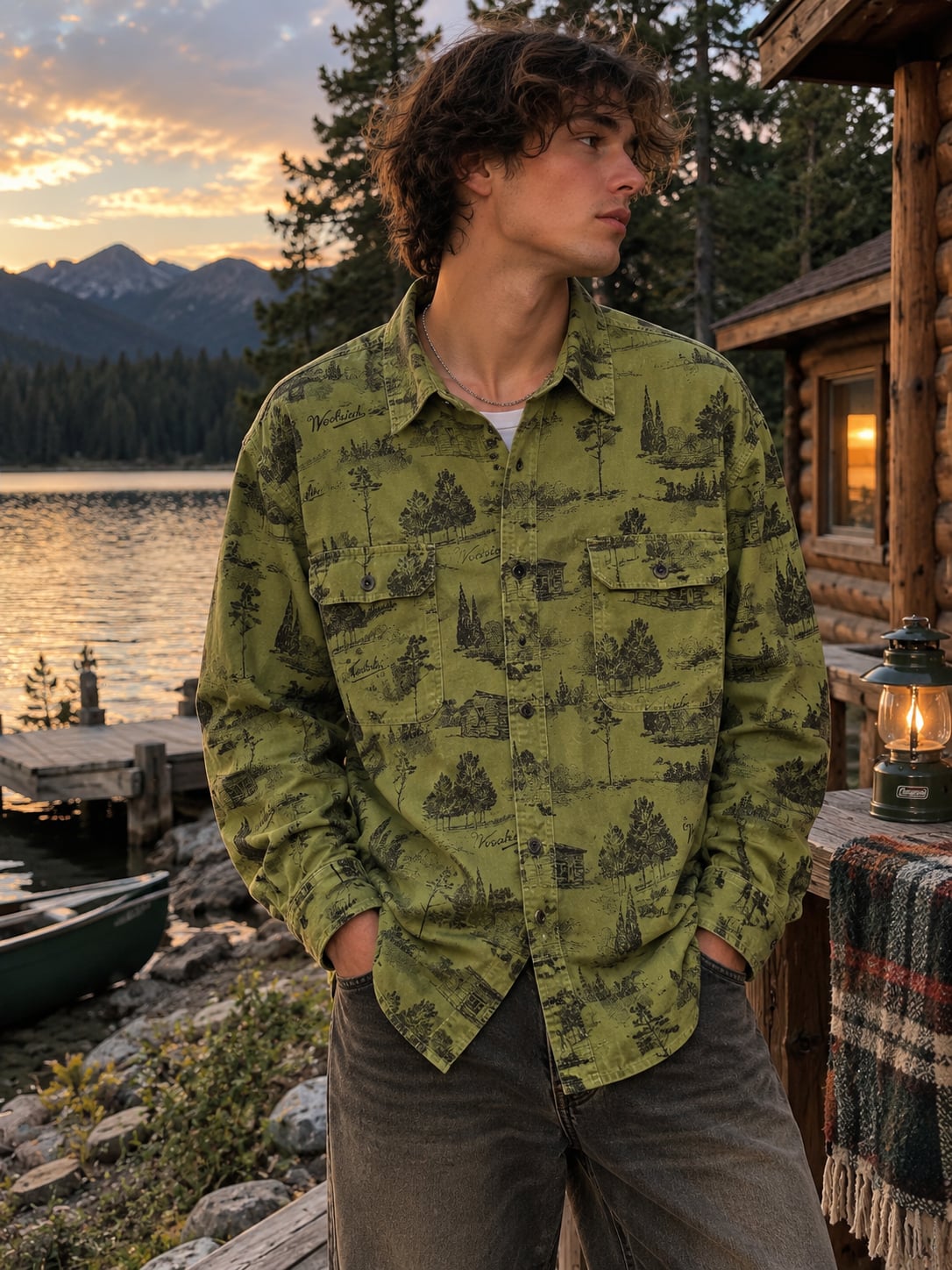 Woolrich 3XL Olive Scenic Cabin Print Button Up Shirt Gorpcore Outdoors 3