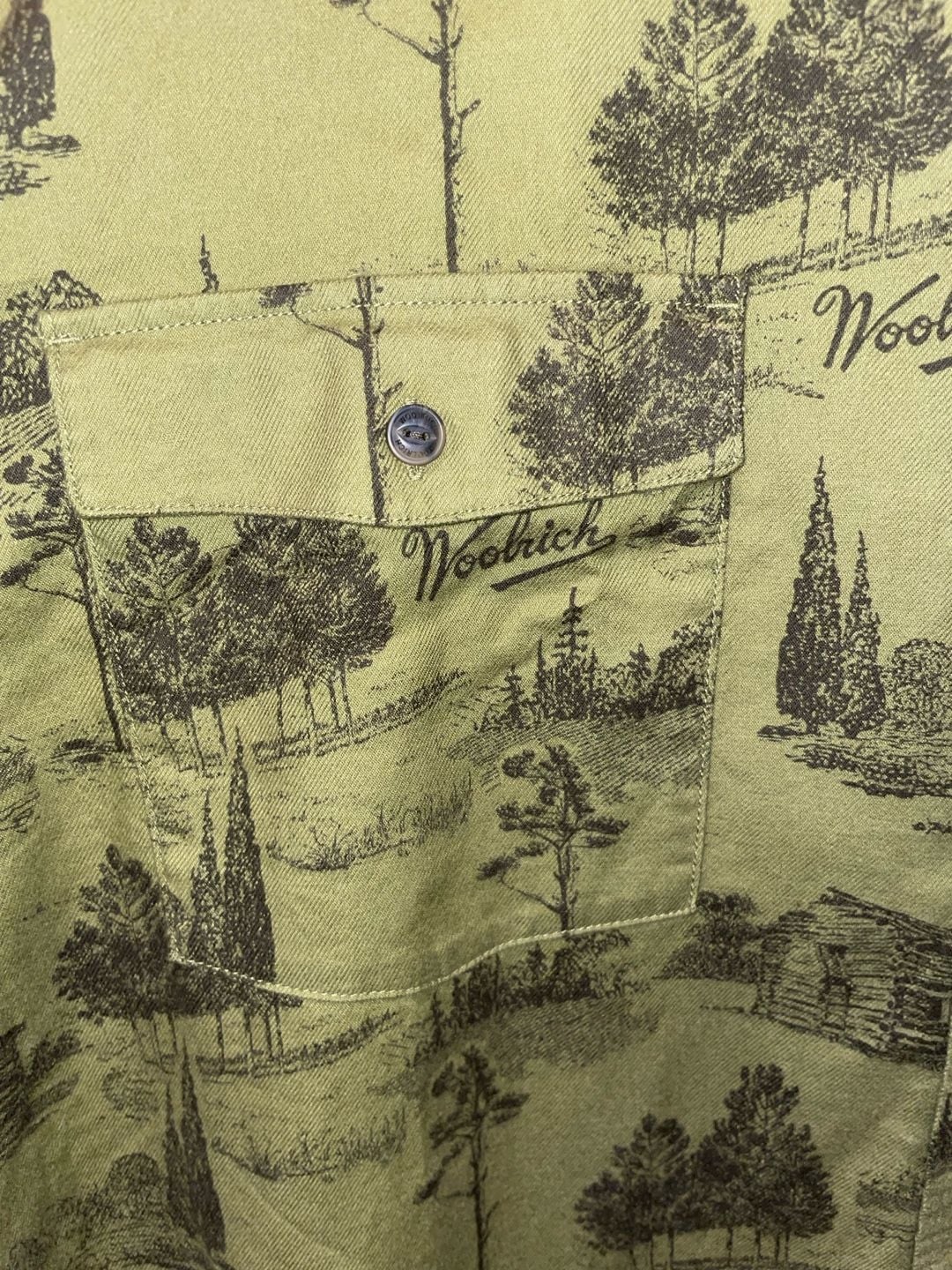 Woolrich 3XL Olive Scenic Cabin Print Button Up Shirt Gorpcore Outdoors 8
