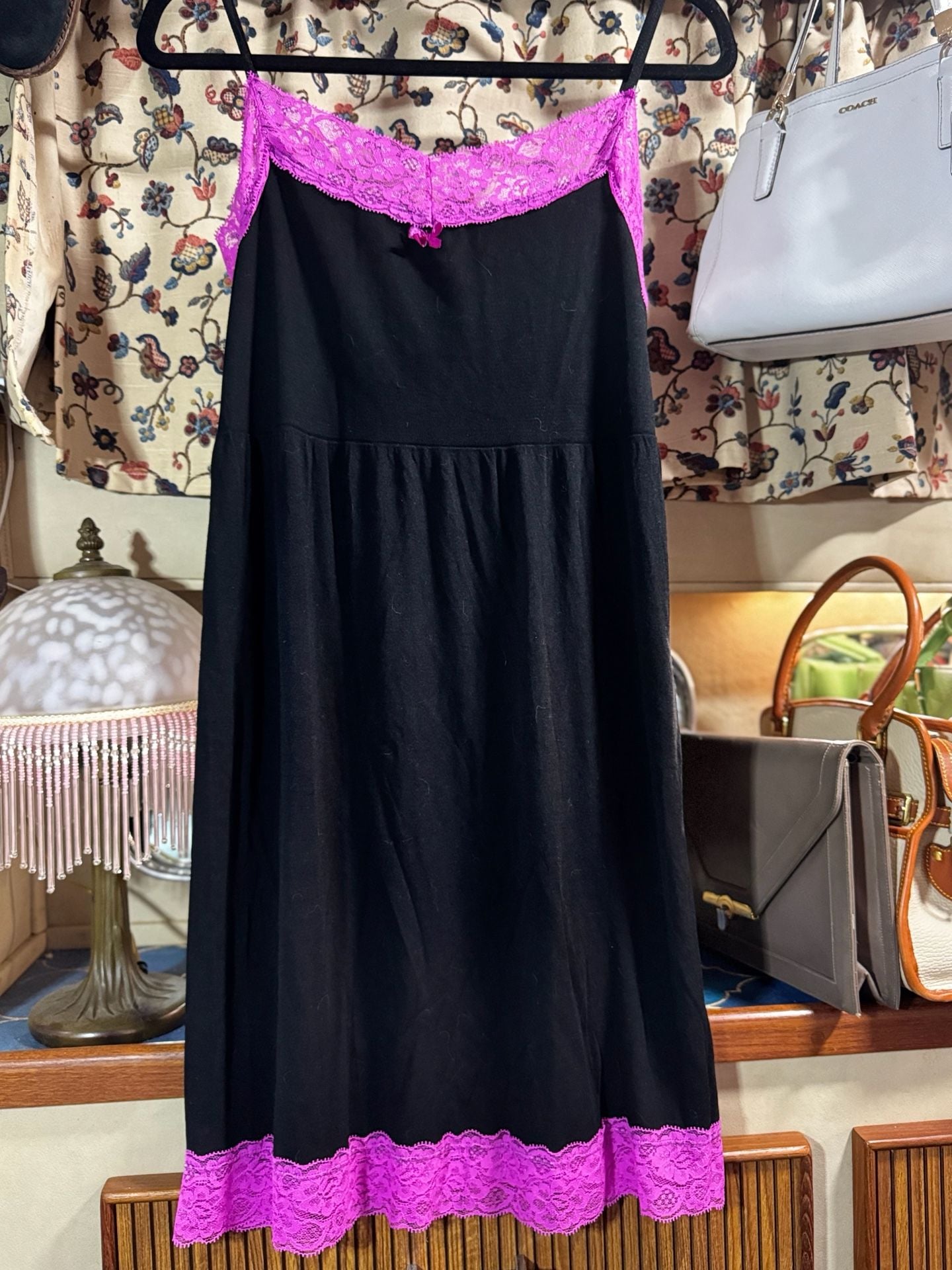 Simply Chic Nightgown Size L Black Pink Lace Trim Babydoll Chemise 1