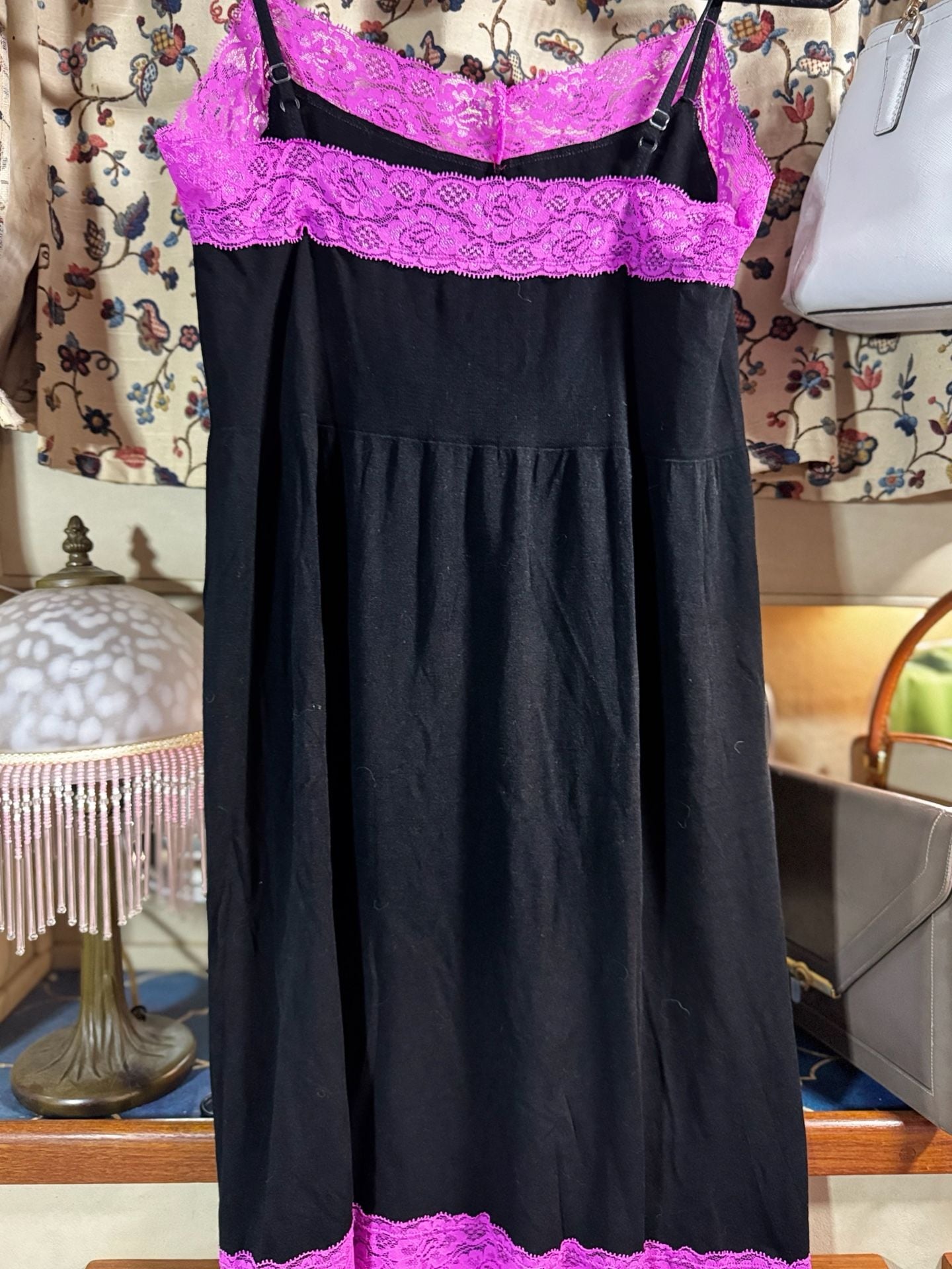 Simply Chic Nightgown Size L Black Pink Lace Trim Babydoll Chemise 2