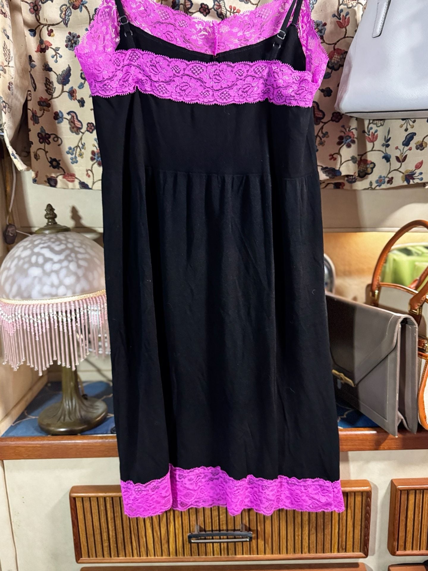Simply Chic Nightgown Size L Black Pink Lace Trim Babydoll Chemise 3