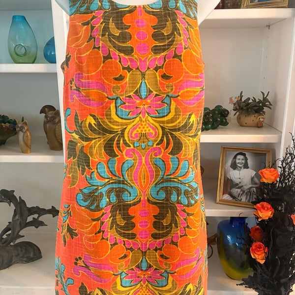 Julie Brown Shift Dress Size 6 Orange Multi Floral Sleeveless Retro