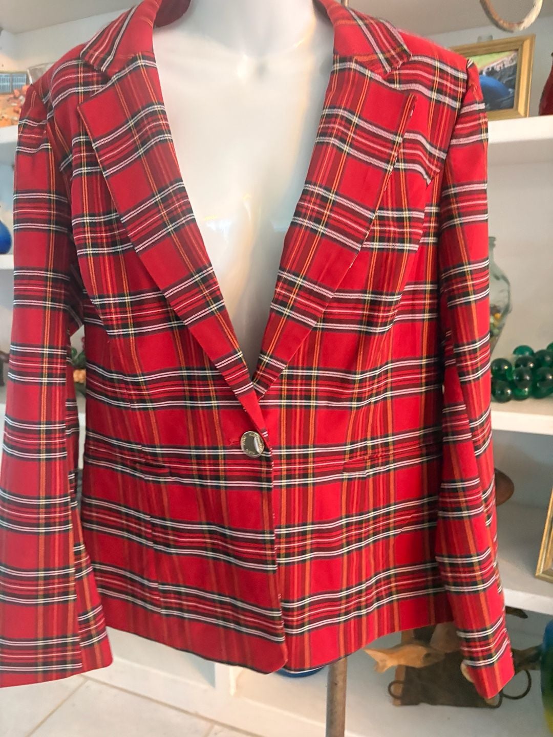 Anne Klein Plaid Blazer Size L Red Tartan Single Button Jacket 2