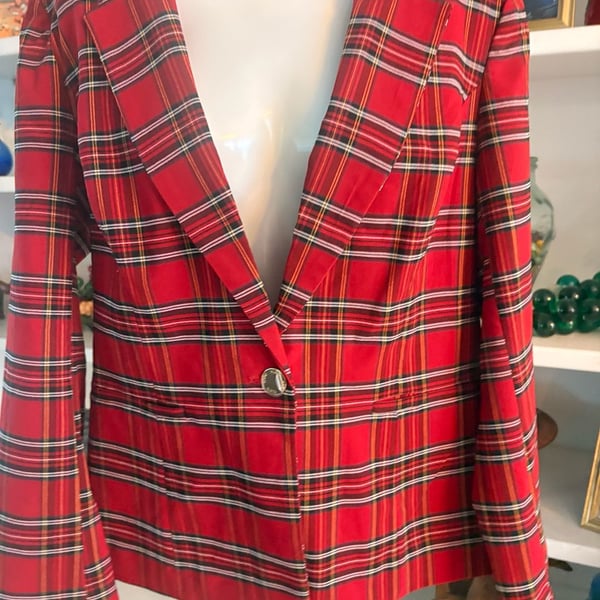 Anne Klein Plaid Blazer Size L Red Tartan Single Button Jacket