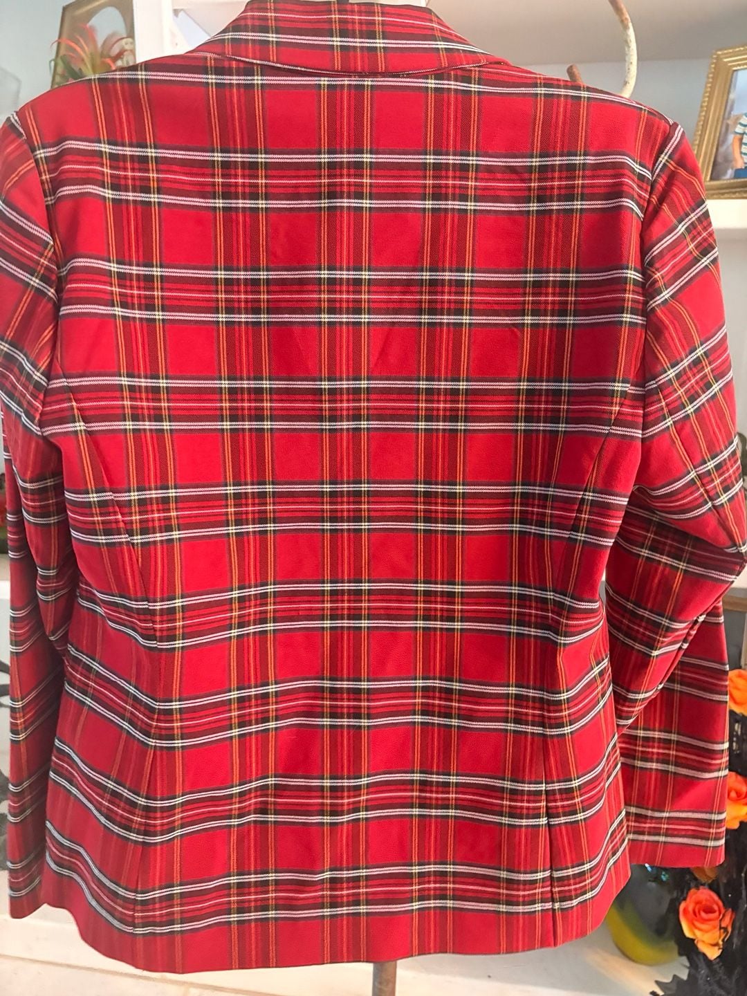 Anne Klein Plaid Blazer Size L Red Tartan Single Button Jacket 7
