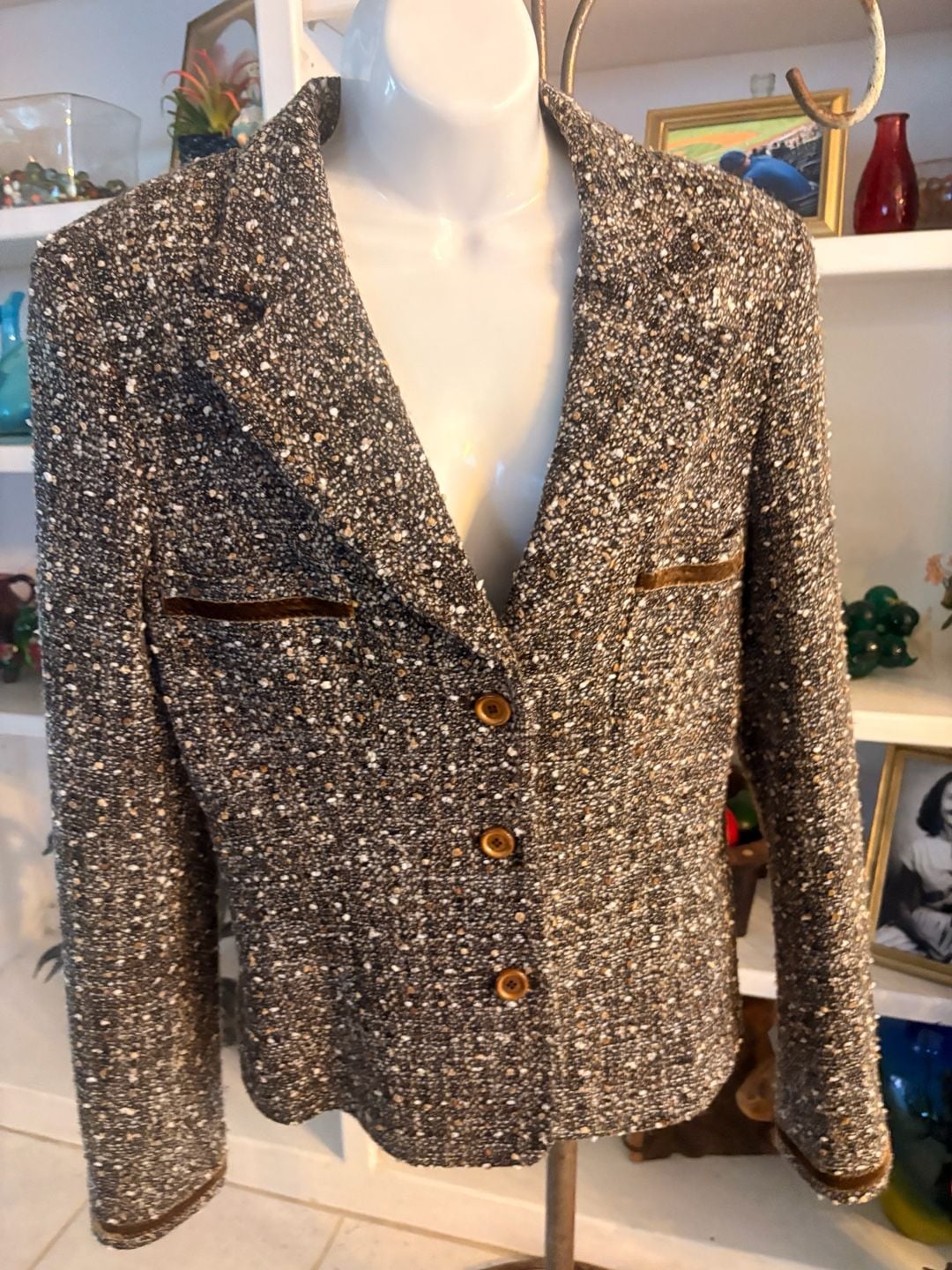 D. Exterior Tweed Blazer Jacket Brown Multi Velvet Trim 2