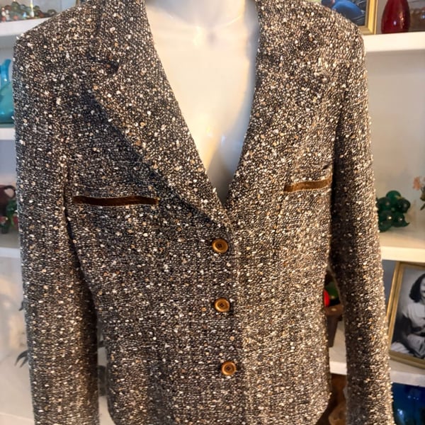 D. Exterior Tweed Blazer Jacket Brown Multi Velvet Trim