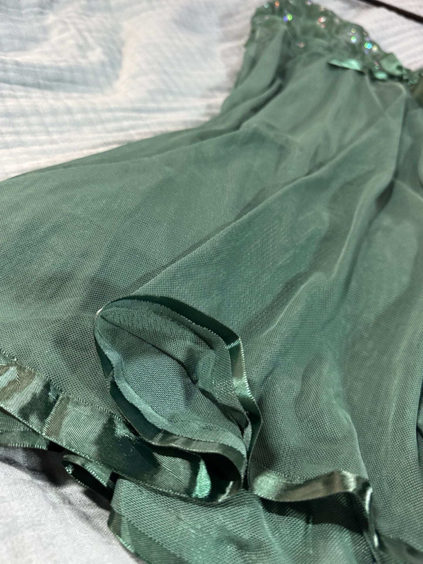 Tagless VS share lace with rhinestone strap sequin green slip dress M 7